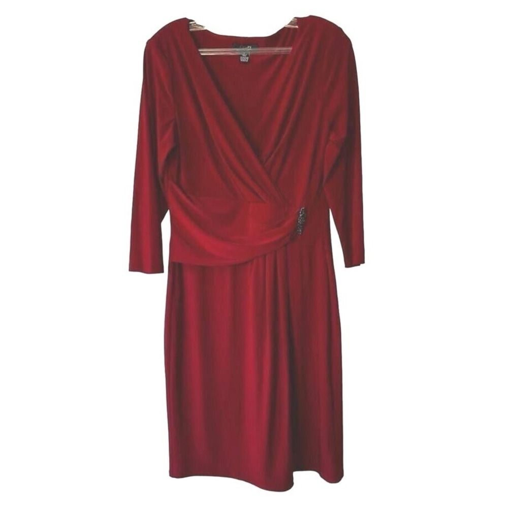 Chaps Womens Red Faux Wrap V-Neck Beaded Brooch 3/4 Sleeve Cocktail Dress Large